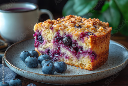 Slice of blueberry coffee cake on plate.