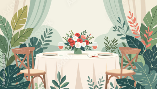 Wedding table setting with floral centerpiece and elegant decor among greenery in a romantic atmosphere