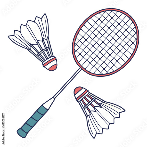 White badminton shuttlecock and two badminton rackets on blue floor sport badminton court. Outdoors. Close up.