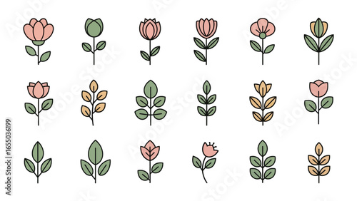 Floral Ensemble: A delicate arrangement of various flower and leaf illustrations, showcasing minimalist designs and vibrant pastel colors on a light backdrop, perfect for elegant graphic needs.