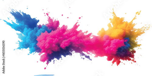 Exploding Rainbow Paint Powder Cloud – Colorful Dust Burst for Holi Festival on White Background, Symbolizing Joy, Freedom, and Artistic Abstract Motion Splash
