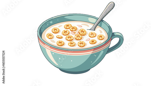 A plate of cereal with milk and crispy pieces, perfect for a healthy breakfast in a cute design on a transparent background