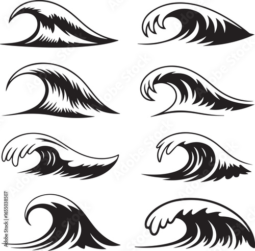 Eight Stylized Black And White Ocean Wave Illustrations On White water surf