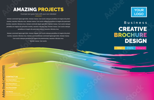 Brochure design: dark background with text, vibrant brushstroke across bottom, logo space, title "Creative Brochure Design," modern, professional, and energetic mood.