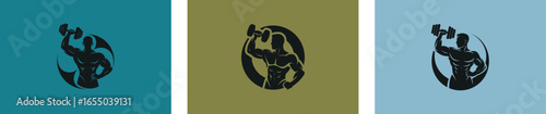 Vector art of fitness gym workout bodybuilding logo design with muscular man lifting dumbbell silhouette