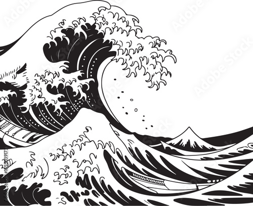Great Wave Off Kanagawa Style Ocean Swell With Mount Fuji Black And White Keywords: wave, ocean, sea