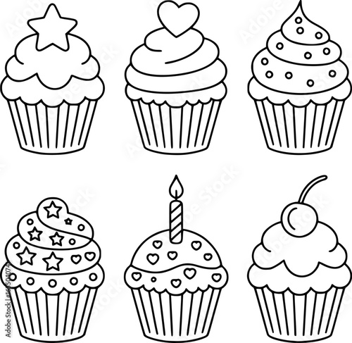 Six decorative cupcakes with various toppings dessert sweet
