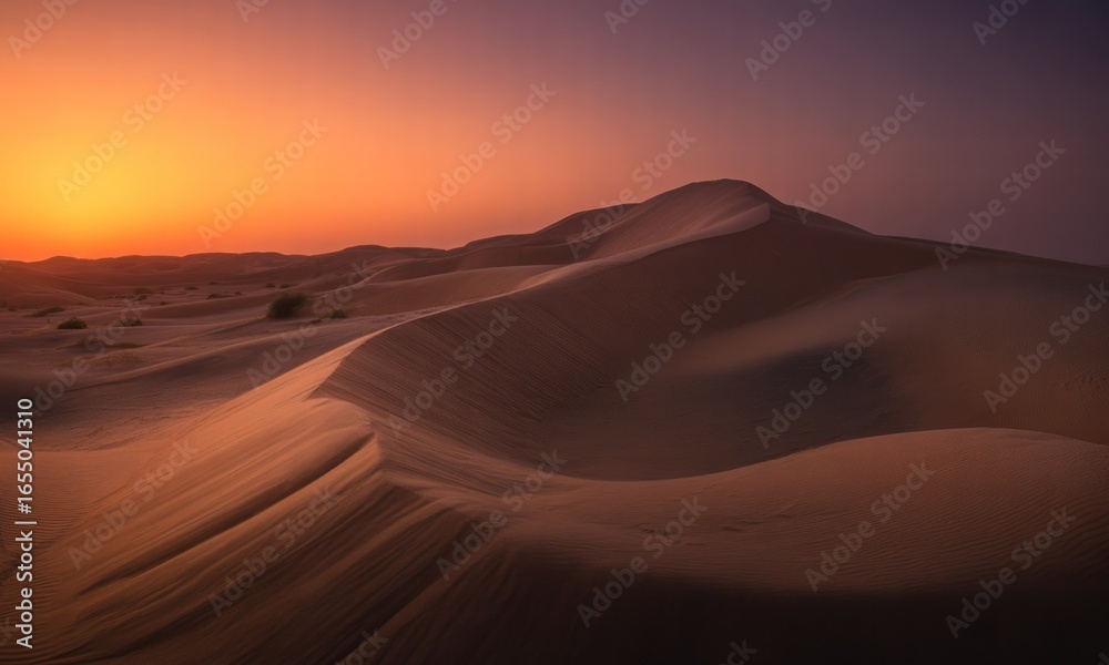 Fototapeta premium Golden desert sunset. Vast dunes bathed in warm light