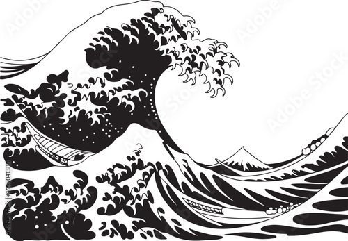 Black And White Japanese Great Wave With Boats And Mountain On White water ocean