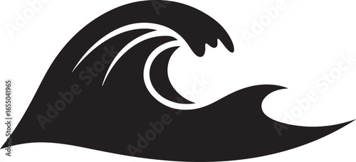 Stylized Black Silhouette of a Crashing Ocean Wave with White Highlights water surfing