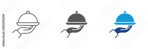 Hand holding tray icon  set , serving dish on a hand, representing food service, hospitality, and restaurant concepts. Vector illustration.