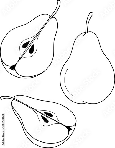 Whole and halved pears with seeds and stems fruit food