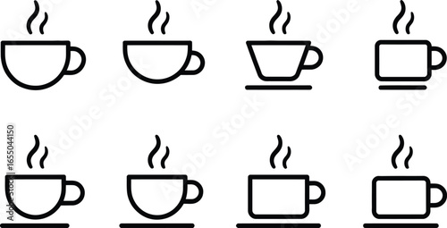 Coffee Cup Icons Set with Steam, Simple Line Art, Different Shapes, Transparent