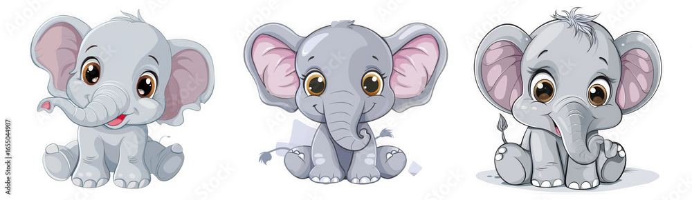 Naklejka premium Three cute cartoon baby elephants sitting and looking forward isolated on transparent background