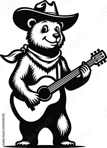 Cowboy teddy bear musician with scarf playing guitar, cute western country cartoon vector