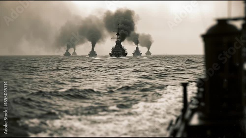 Battleships navigating stormy seas during World War II era conflict