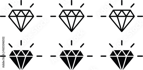 Diamond Icon Set, Black Geometric Gemstone Line Art Symbol, Facets on Transparent Background