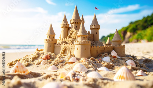Giant sandcastle with seashells on a sunny beach. AI