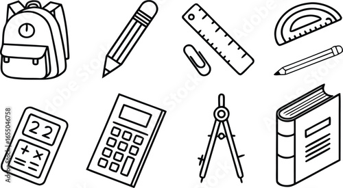 Collection of outline icons depicting school supplies such as backpack, pencil, ruler, calculator, compass, and book