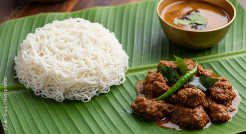 Kerala-style Chicken Curry with Idiyappam on a Banana Leaf