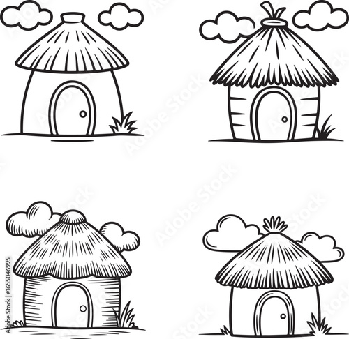 Small village hut house with thatched roof