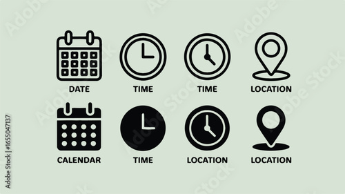 Collection of Black and White Icon Set for Date Time and Location with Business Concept