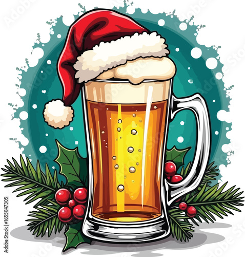 Festive beer with santa hat and holly glass christmas