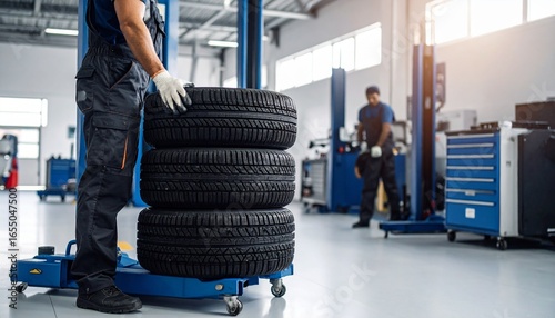 Mechanic with Stack of Tires in Auto Repair Shop