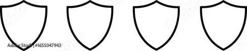 Four shield icons, black outline on transparent background, heraldic emblem, simple design