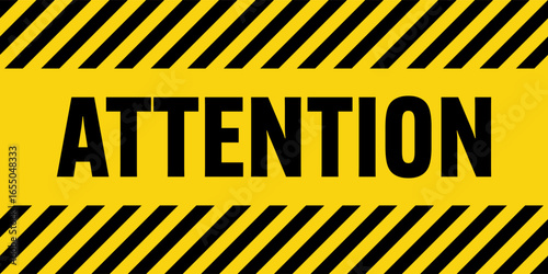 Warning sign with yellow and black diagonal lines. Attention, danger or caution symbol. Construction site signage, road safety notice, hazard banner, security alert shield. Vector illustration