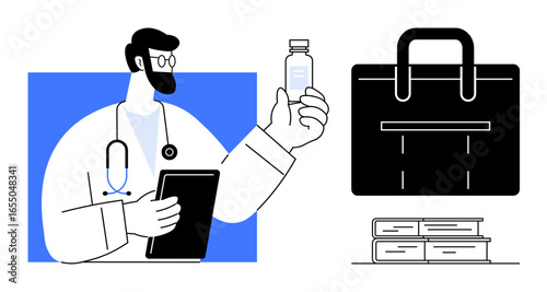 Doctor holding a vial and tablet near stacked books and briefcase, symbolizing healthcare, research, education, career, professional development, work-life balance, knowledge exchange. Simple flat