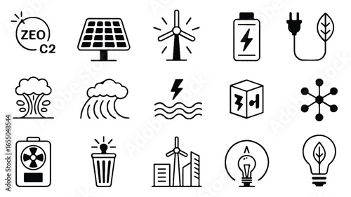 Collection of Eco Friendly Energy Sources and Solutions in Black and White Simple Line Art Style