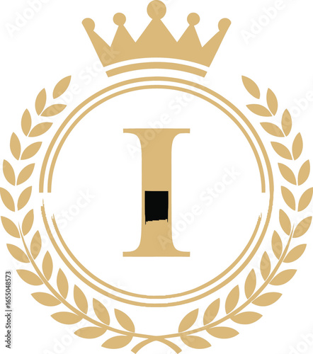 Golden Initial I, Crown, and Laurel Wreath Emblem on Transparent Background