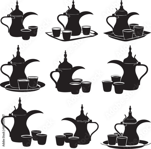 i need a kinds of different Arabian Coffee set victor art silhouette with white background