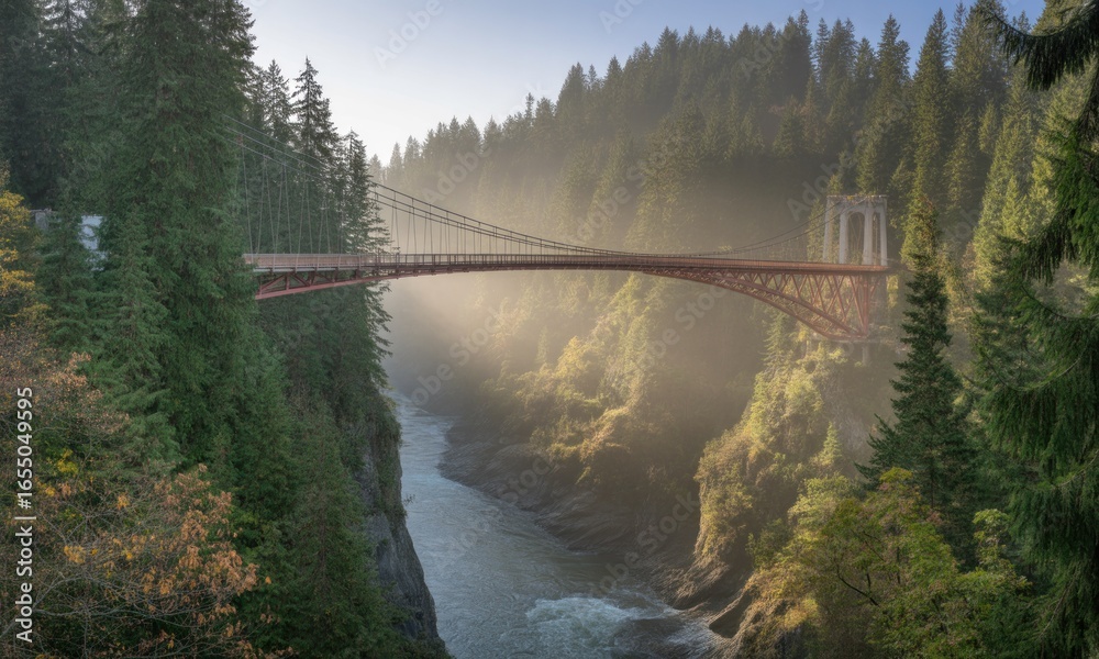 Obraz premium Misty mountain bridge over river gorge