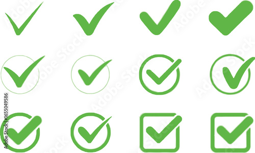 Green Check Mark Icons Set in Square and Circle Shape on White Background