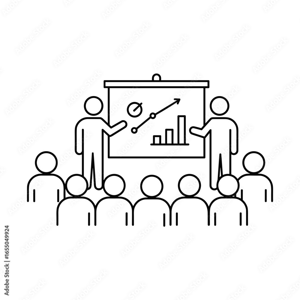 Obraz premium Two presenters discussing data on a projection screen to audience 