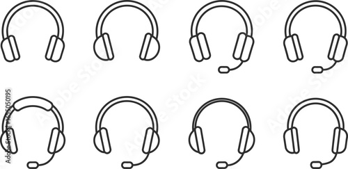 Headset Icons, Headphones with Microphone Isolated on Transparent Background Line Art