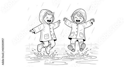 Happy cartoon children in raincoats jumping and splashing in puddles. A black and white line art illustration for a coloring book activity.