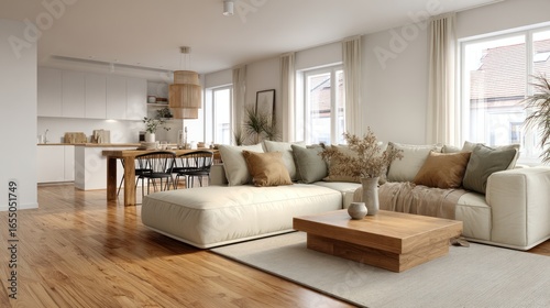 Bright, modern living room features a large sectional sofa and dining table