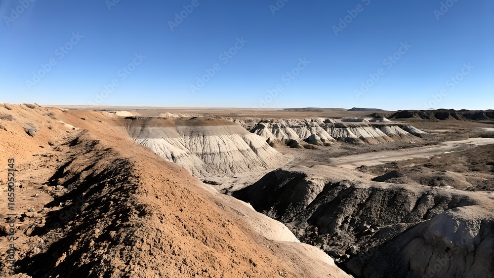 Fototapeta premium Breathtaking Arid Desert Canyon Landscape Featuring Eroded Multicolored Cliffs, Vast Open Terrain, and a Striking Horizon Under a Brilliant Clear Blue Sky