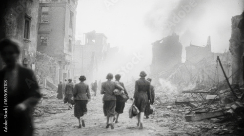 Women walking through bombed streets after destruction during wartime