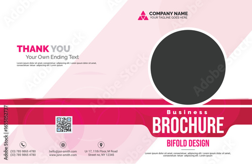 A pink and white business brochure features a dark circle, "THANK YOU" text, a QR code, and company information, conveying a modern, professional aesthetic.