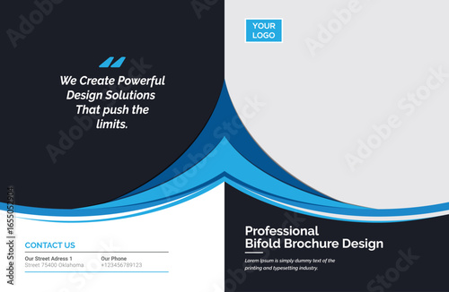A bifold brochure design features a dark blue and white color scheme with dynamic blue wave accents, promoting professional design solutions.