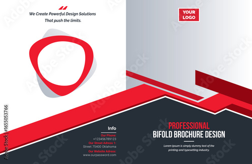 Bifold brochure design: red geometric shapes overlay white and gray panels, dark bottom section with text, professional, modern, bright, and dynamic layout.