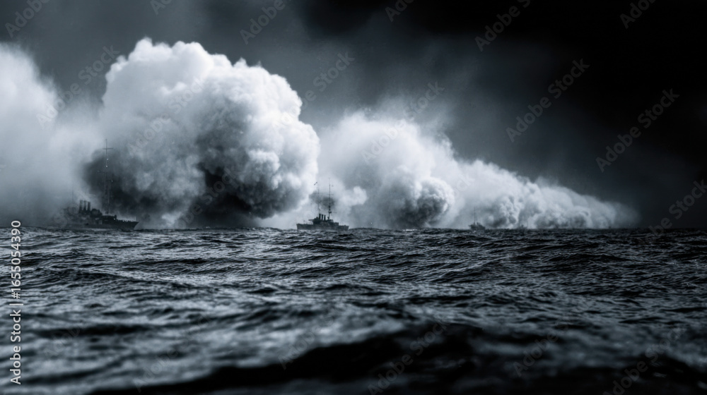 Obraz premium Naval engagement at sea with torpedo boats amidst dramatic smoke and waves