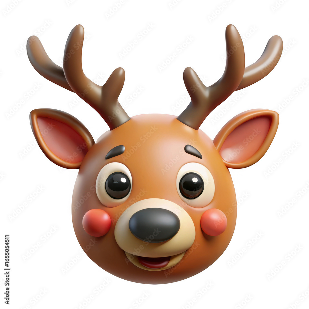 Fototapeta premium Cute cartoon reindeer face with big eyes and antlers isolated on transparent background