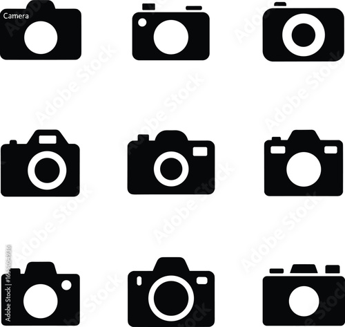 PrintBlack vector icons of cameras in various styles arranged in a grid, ideal for photography, technology, digital, and creative design themes
