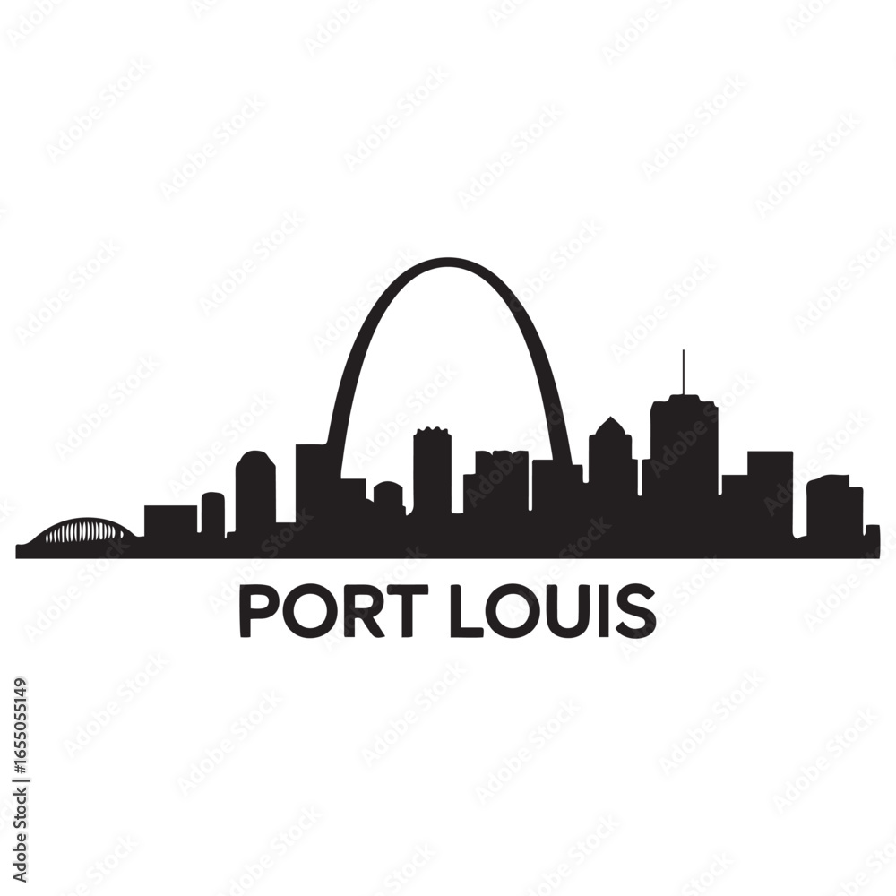 Naklejka premium Port Louis skyline silhouette. Vector illustration. Vector black silhouette. with white background