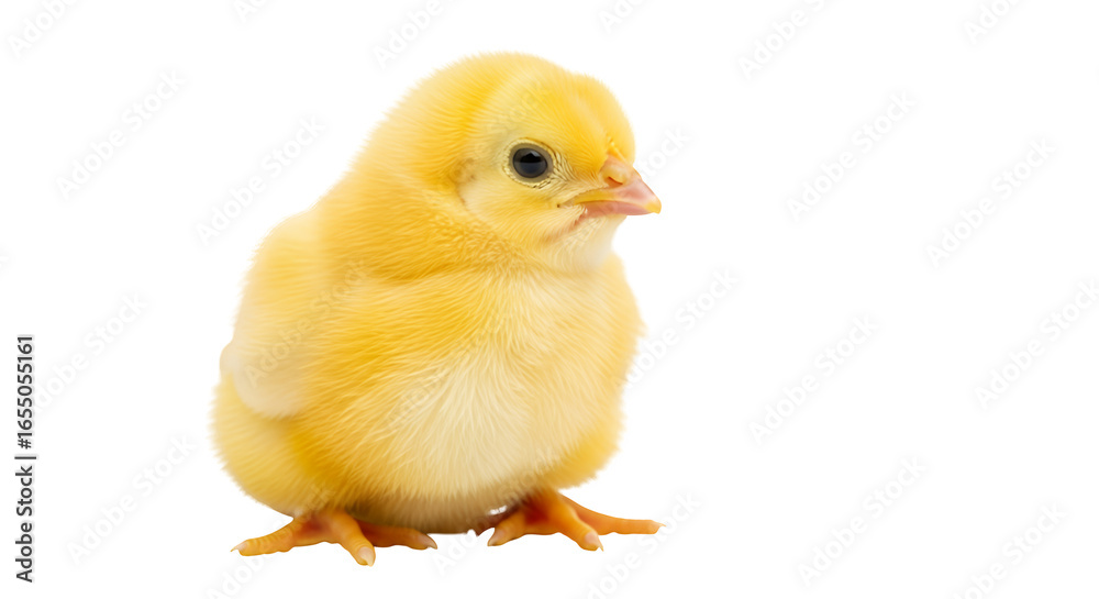 Obraz premium A cute fluffy newborn yellow chick, a small poultry bird, is isolated on a white studio background